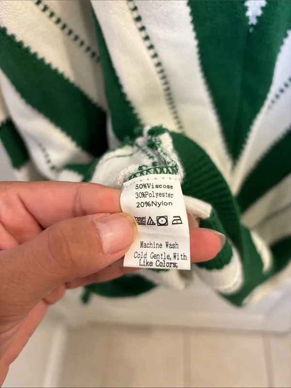 PrettyGarden XXL Green Cream Striped Oversized V Neck Sweater - Image 4