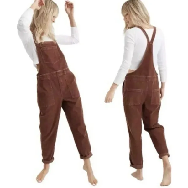 Aerie Werk and Play Brown Corduroy Overalls Bib Overalls Small S Raw Fray Hem - Image 2