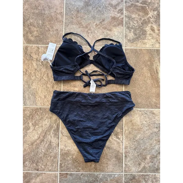 Cupshe Black Floral Jacquard Scalloped Bralette & High Waist Bikini Set Large - Image 6