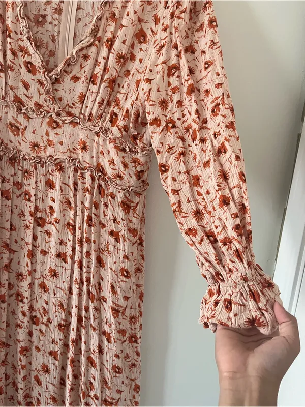 Orange Floral Long Sleeve Maxi Dress Large Cottagecore Prairie Romantic - Image 5