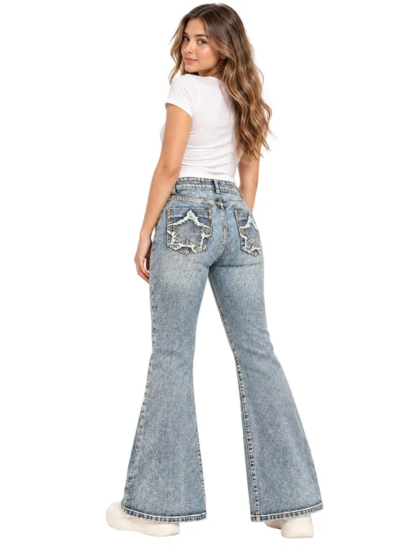 ROMWE Star Patch Flare Jeans Size 2 grunge med wash Distressed Frayed Y2K edgy - Image 2