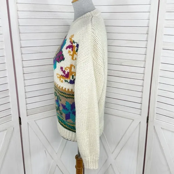 Vintage Rafferty 80s‎ 90s Floral Chunky Knit Sweater Ivory Large Crewneck - Image 2
