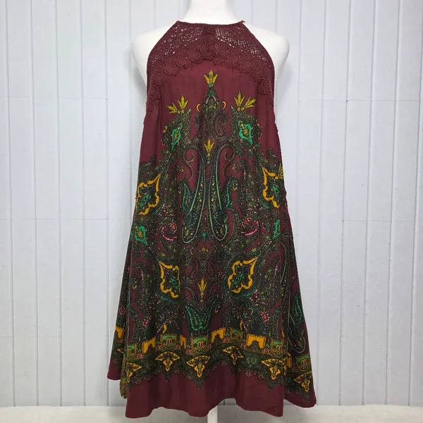 Free People Shea Printed Mini Burgundy‎ and Green Halter Dress size S - Image 2