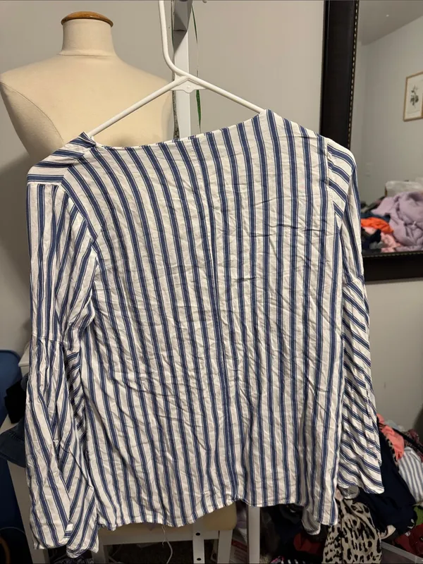 Striped V-Neck Bell Sleeve Tunic — Blue & White - Image 3