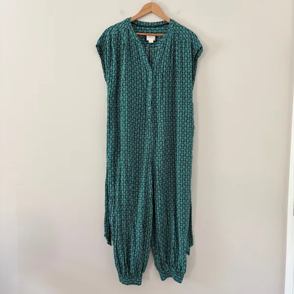 Maeve Geoscope Jumpsuit Small Green Blue Boho Graphic Print Button Front Belted - Image 7