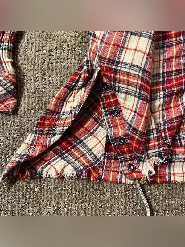 Free People Red Plaid Button-Up Shirt Cotton Gauze crinkle - Image 11