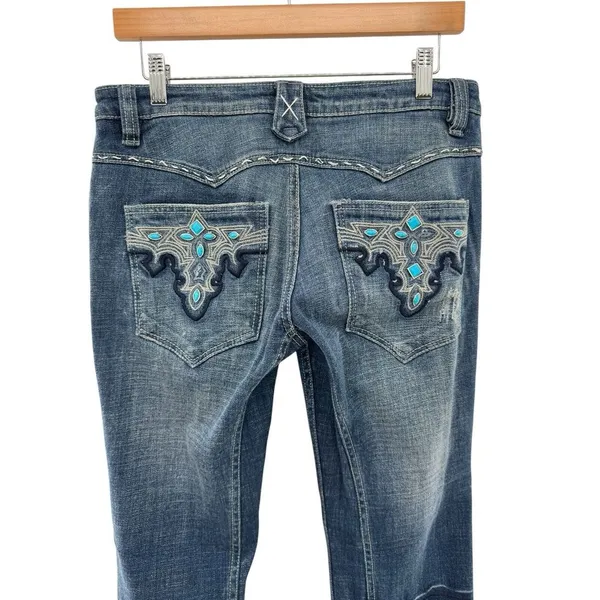 Antik Denim Women's Size 29 Bootcut Embroidered Indigo‎ Blue Jeans Button Fly - Image 5