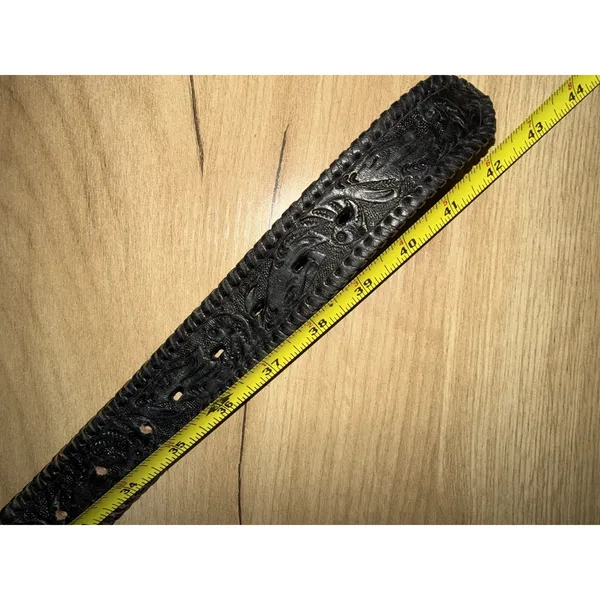 Vintage Heavy Tooled Leather Concho Belt Size 38 Western Biker Black Silver Tone - Image 7