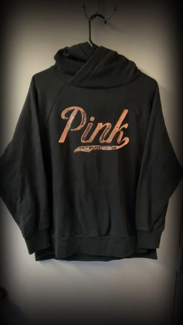 Victoria's Secret PINK Black Pullover Hoodie with Rose Gold Sequin Logo - Image 2