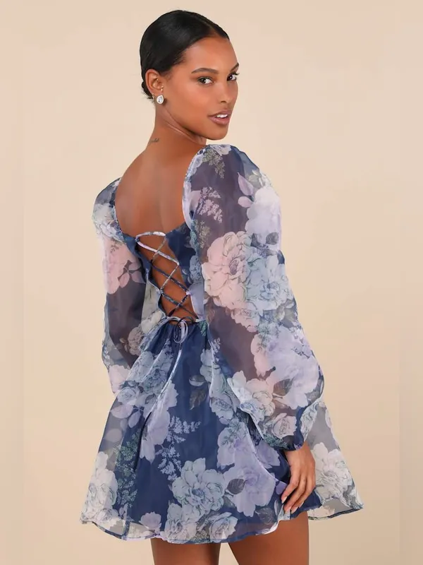 NWT Lulus | Positively Enchanting Blue Floral Organza Bustier Mini Dress, Small - Image 3
