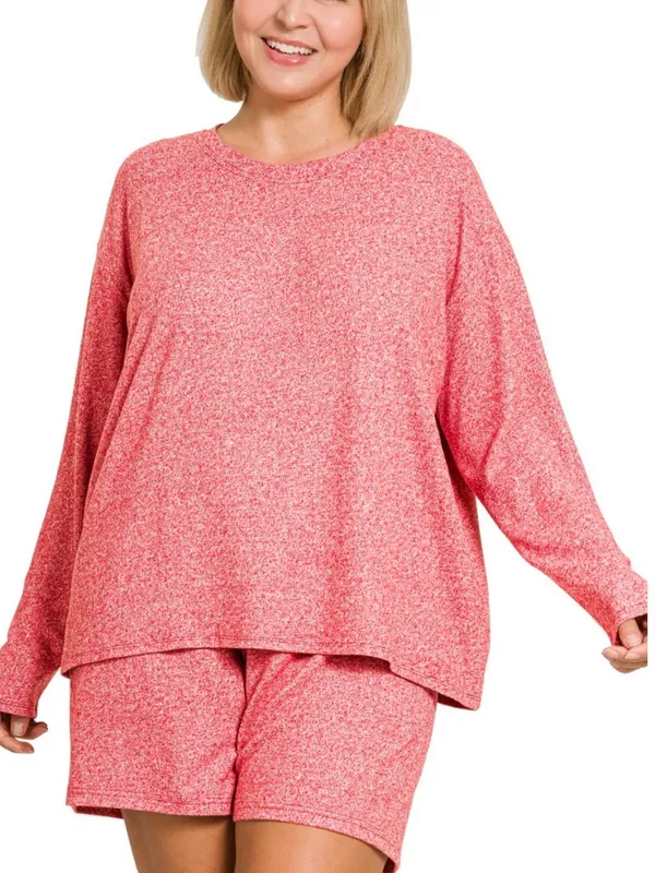 NEW! Plus Size Dark Red Plus soft melange long sleeve tee & shorts set Size 3X - Image 2