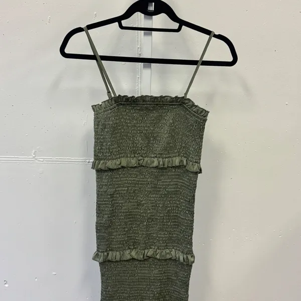 MABLE Smocked Tiered Ruffle Midi Dress Olive Green MD2291I‎ Small Summer Party - Image 3