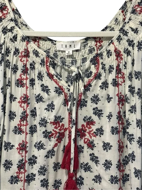 Boho Embroidered Tie-Front Peasant Top M 22” p2p White/Red & Navy Floral EU - Image 4