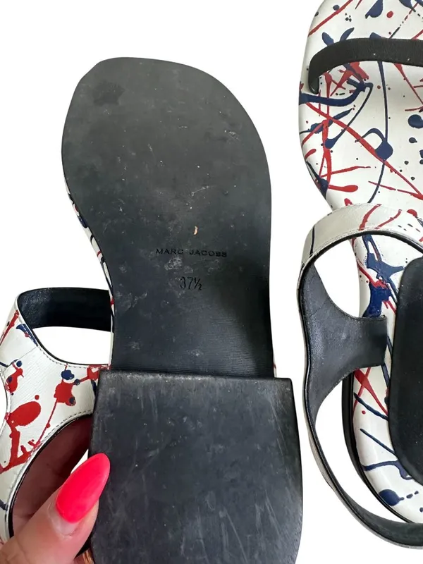 MARC JACOBS Paint Splatter White Blue Red Leather Sandals Size 7.5 / 37.5 - Image 6