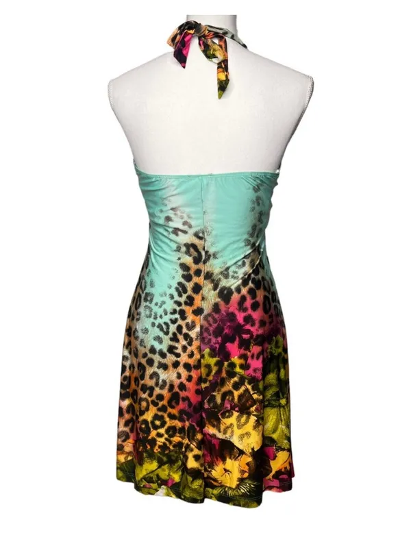 Venus y2k leopard floral halter dress beaded boho festival size small - Image 5