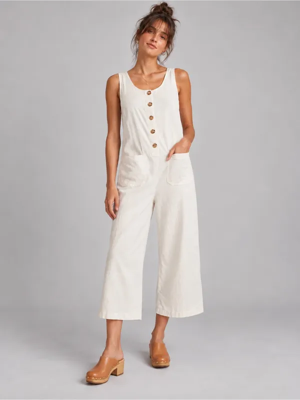 Marine Layer XS Ivory Sleeveless Button Front Wide Leg Cropped Jumpsuit Pockets - Image 3
