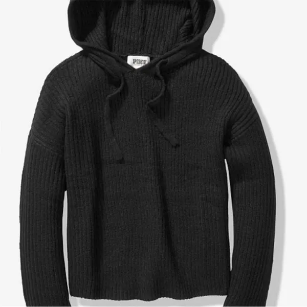 Victoria’s Secret PINK ribbed‎ hooded black sweater size large cropped - Image 2