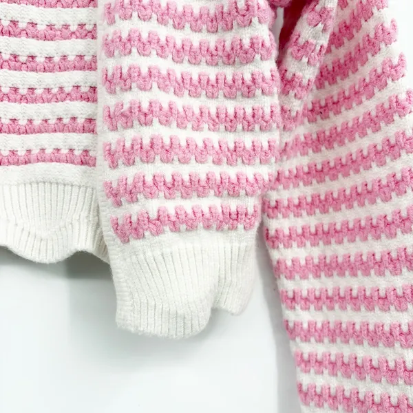 YLLW Womens Pink White Striped Textured Coquette Cropped Cardigan Sweater XS - Image 3