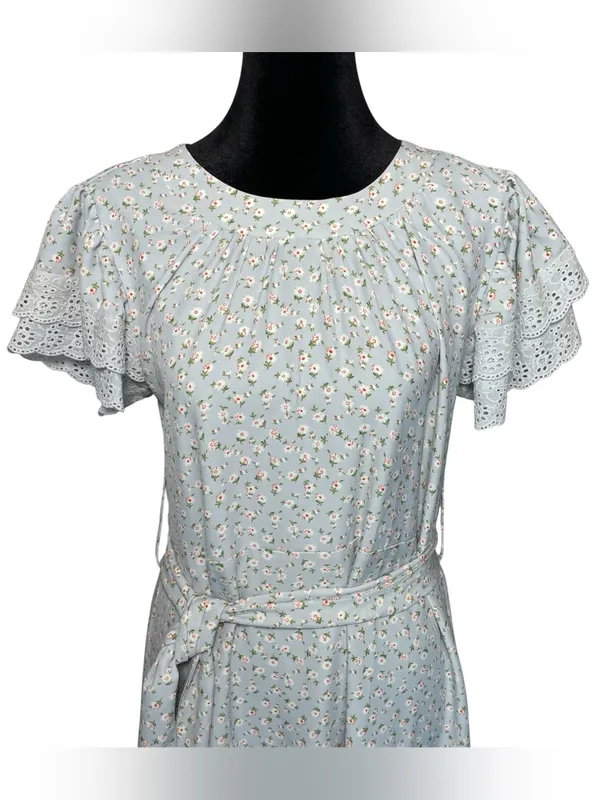 JessaKae Dainty Floral Belted Midi Dress Lace Eyelet Sleeves - Image 2