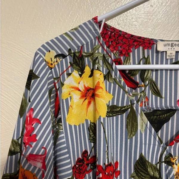 Umgee Blue Striped Floral V-Neck Blouse with Multicolor Blooms - Image 7