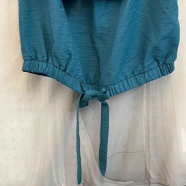 The nines S Small Ruffled Off-Shoulder Teal Crop Top with Tie Hem - Image 2