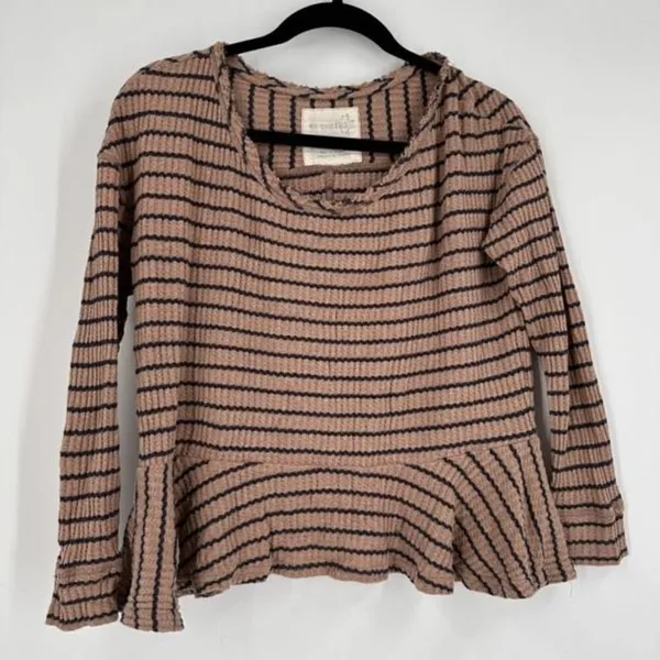 Free People Women's Striped Fringe Neck Thermal Peplum Top Brown Black‎ Size XS - Image 3