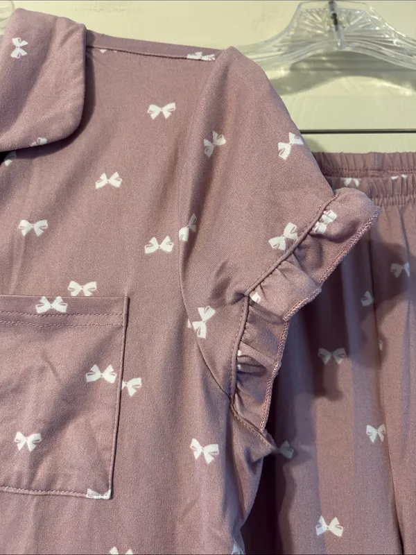 Laura Ashley Mauve Bow-Print Short Sleeve Pajama Set Medium - Image 4