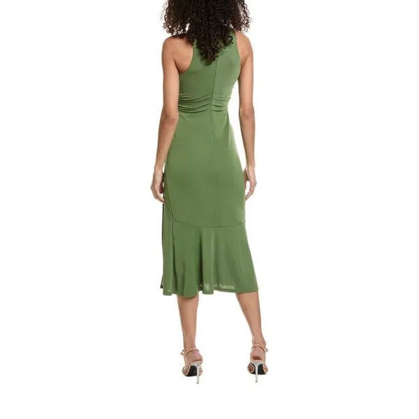 Olive Green Mock Neck Ruched Side Tie Midi Dress Sleeveless Mermaid Hem - Image 2