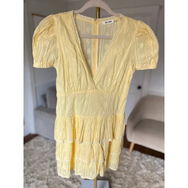 Day And Moon Coquette Tiered Mini Dress‎ M Soft Yellow Lace Trim Cottagecore - Image 2