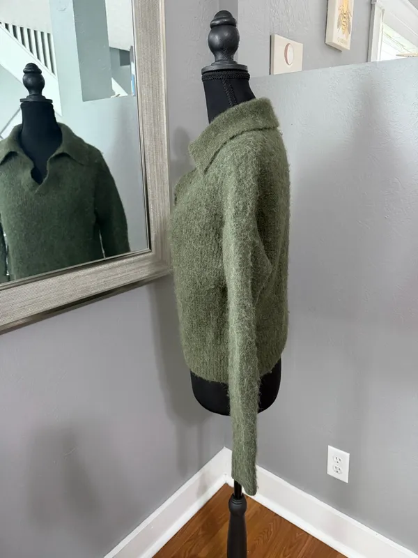 Everlane Alpaca Merino Wool Collared Capsule Cozy Sweater Green Size Small - Image 3