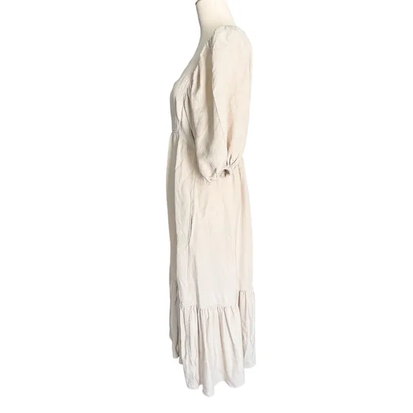 Hunter Bell Linen Blend Midi Dress M Natural Puff Sleeve V Neck Cottagecore - Image 5