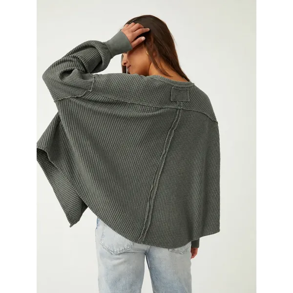 We The Free Green Coraline Thermal V-Neck Waffle Knit Top XS - Image 3