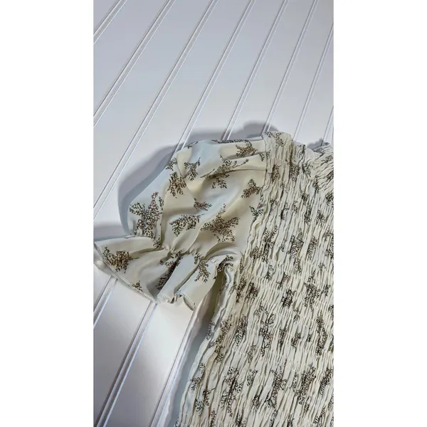Reverse Floral Smocked Puff Sleeve Midi Dress Cream Brown Fall Medium NWT - Image 5