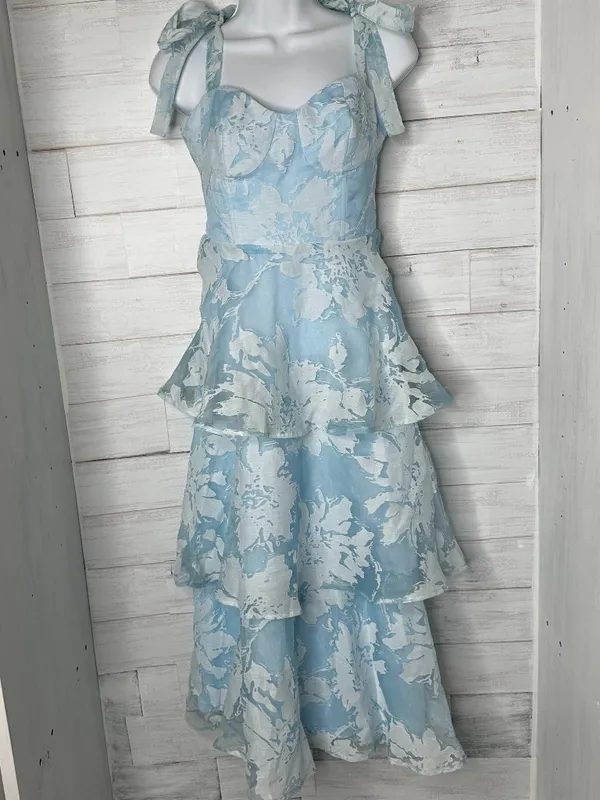 NWT Lulus Drayson Light Blue Floral Burnout Tie-Strap Tiered Midi Dress Sz Small - Image 3