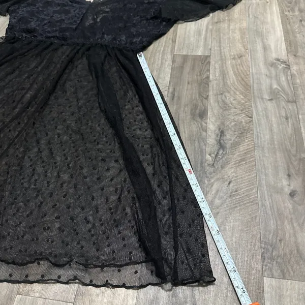 Vintage Y2K Black Sheer Swiss Dot Lace Flutter Sleeve Mini Slip Dress M - Image 4