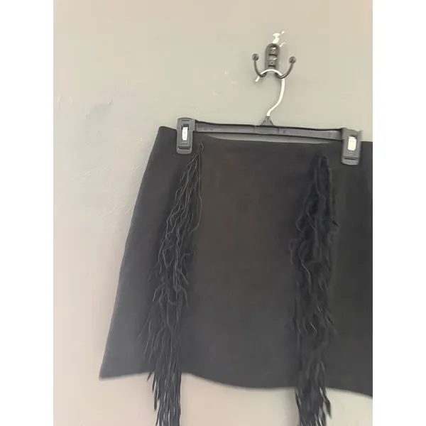 Western Black Faux Suede Fringe Mini Skirt Western Boho A-Line Size Medium - Image 2