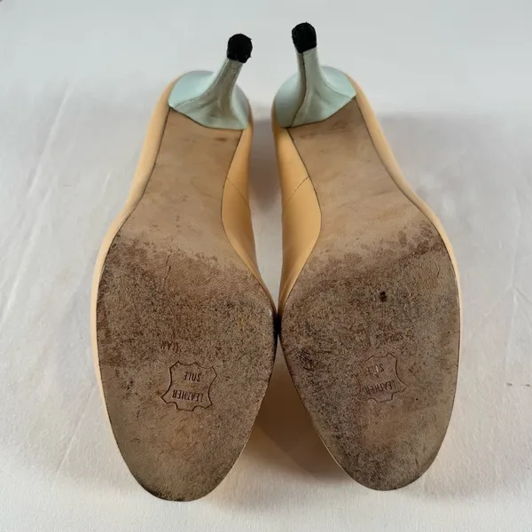 Stuart Weitzman Leather Peep Toe Stiletto‎ Heel Pump in Tan and Blue Size 8.5 - Image 6