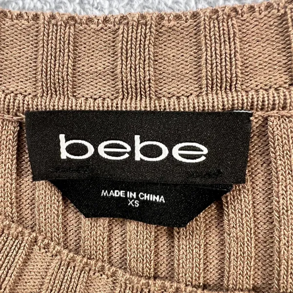 Bebe Ribbed Knit Bodycon Dress Womens XS Sesame Tan Gold‎ Button Shoulder Slit - Image 5