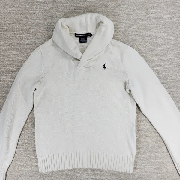 Ralph Lauren Sport Shawl Collar Sweater Womens Small White Preppy Blue Pony - Image 3