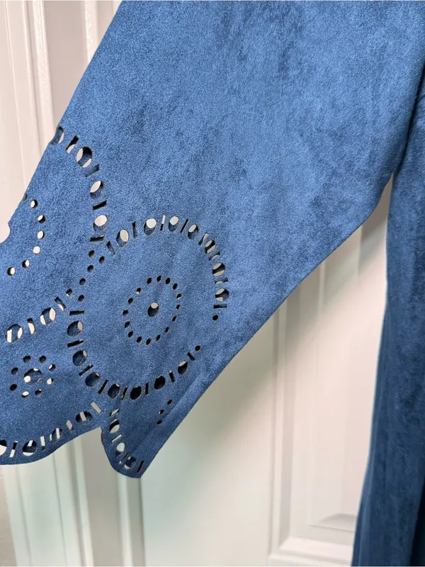Kate & Mallory 1X Blue Faux Suede Scallop Trim Dress Coastal Cowgirl Indie Folk - Image 5