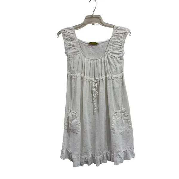 N Willow White 100% Linen Milkmaid Mini Dress Smocked Drawstring Pockets Sz S/M - Image 2