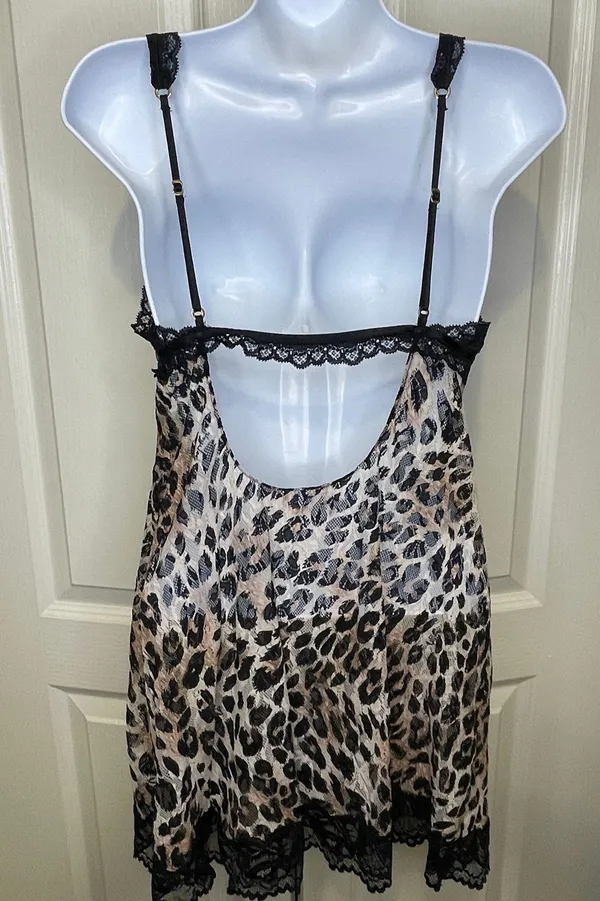 Victoria’s Secret Cheetah Print Lace Mesh Chemise Nightie Black Tan Large - Image 5