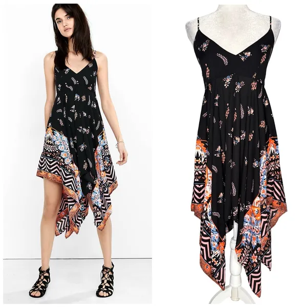 Express Small Black Asymmetrical Spaghetti-Strap Dress Floral Smocked Swing - Image 2