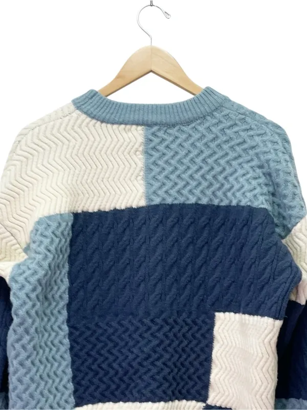 Aelfric Eden Sz XL Patchwork Cable Knit Sweater Blue Cream Colorblock Crewneck - Image 5