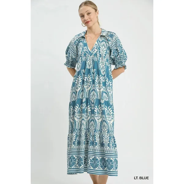 Umgee‎ Two tone Border Print Midi Dress - Lt. Blue - Small - Image 2