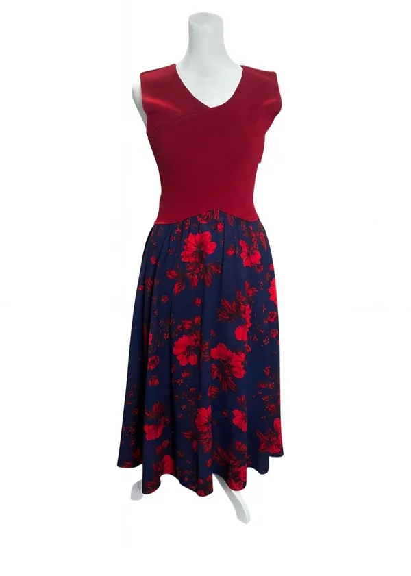 Sachin & Babi Crossover Red Knit Navy Floral Fit Flare Midi Dress Size 2 - Image 2
