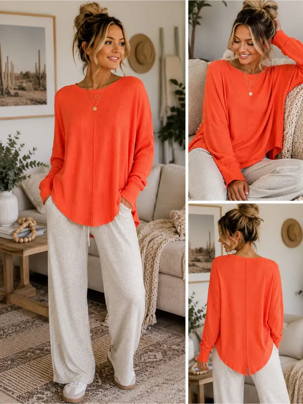 Free People We The Free Bright Orange Waffle Knit Thermal Pullover Top Sz Small - Image 2
