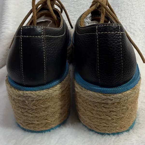John Fluevog 4 Black Leather Platform‎ Espadrille Oxford Shoes Blue Sole Boho - Image 7