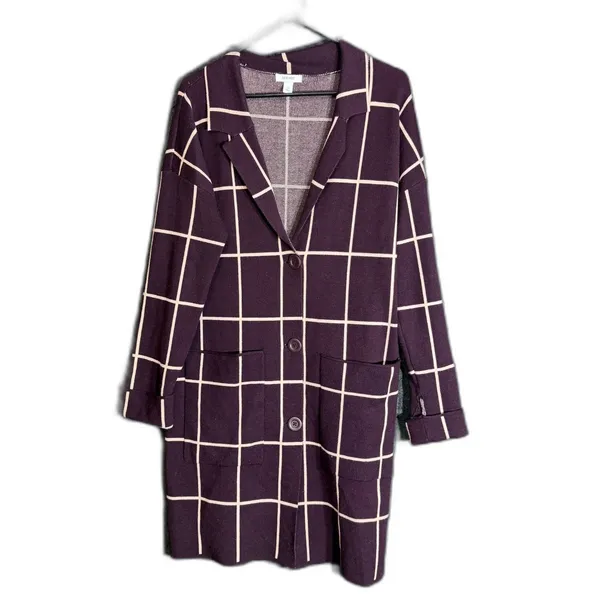 Nine West Womens Size Medium Burgundy Windowpane Plaid Long Cardigan Sweater - Image 2