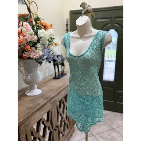 Turquoise crochet scoop neck swimsuit cover up dress size L - Image 2